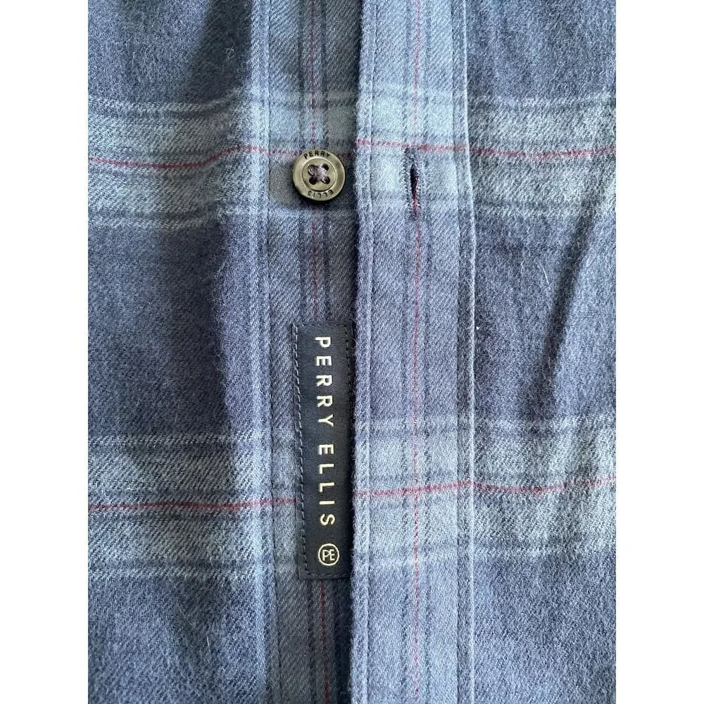Perry Ellis Mens Blue Plaid Lightweight‎ Flannel Button Up Sz S